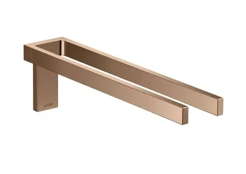 Zweiarmiger Handtuchhalter in poliertem Rotgold, präsentiert von AXOR. Rechteckige Designform mit klaren Linien und minimalistischer Struktur.